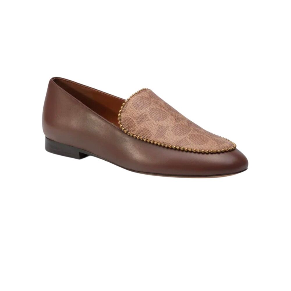 Coach Harper Bead Loafer Signature Canvas Brown Leather Stud Chain G4281, 8B